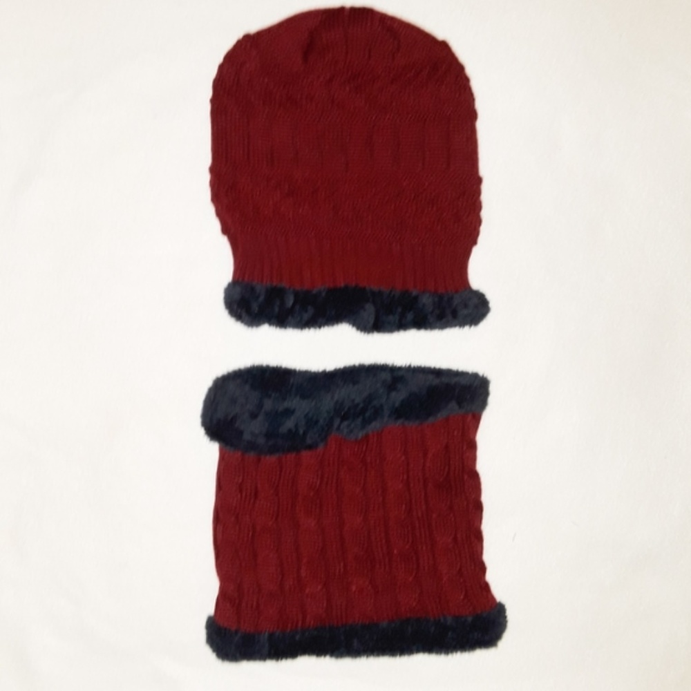 Matching Beanie & Scarf Set Burgundy Red & Blue - Picture 3 of 6
